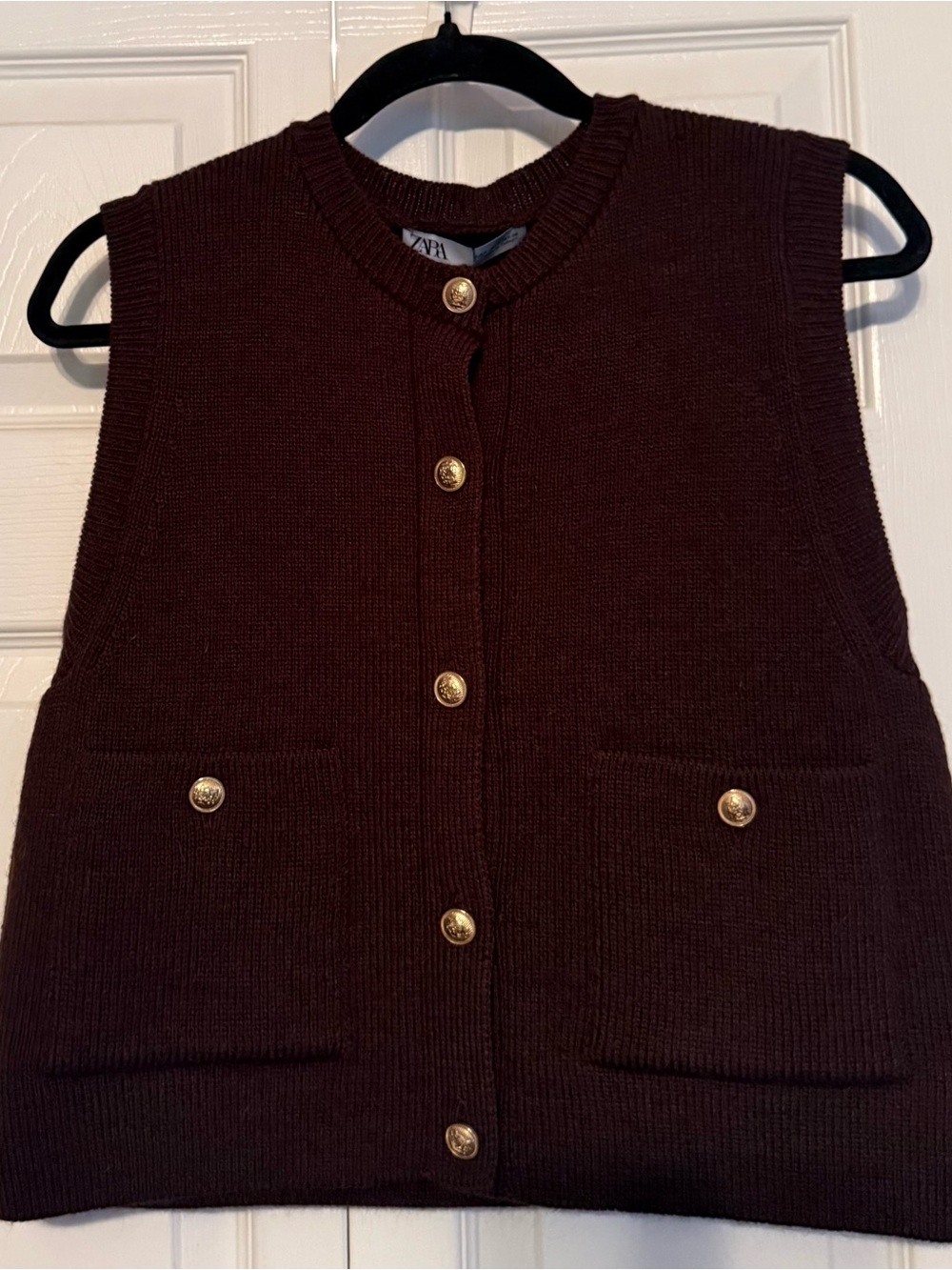 Zara Women's Dark Brown Sleeveless Knit Vest with Gold Buttons